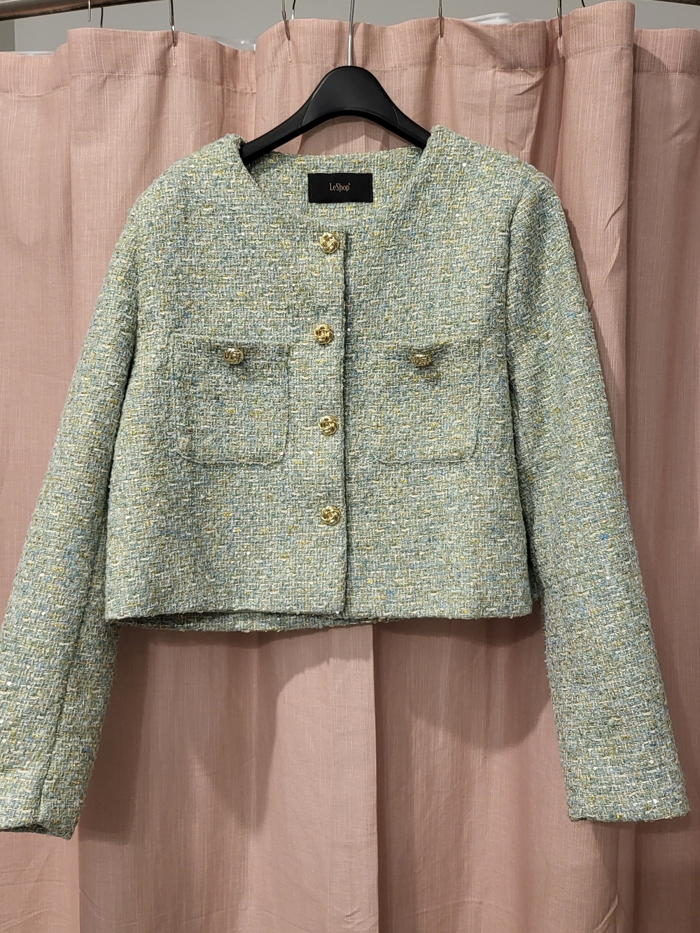 leshop Cropped Pastel Tweed Jacket in Mint and Light Blue